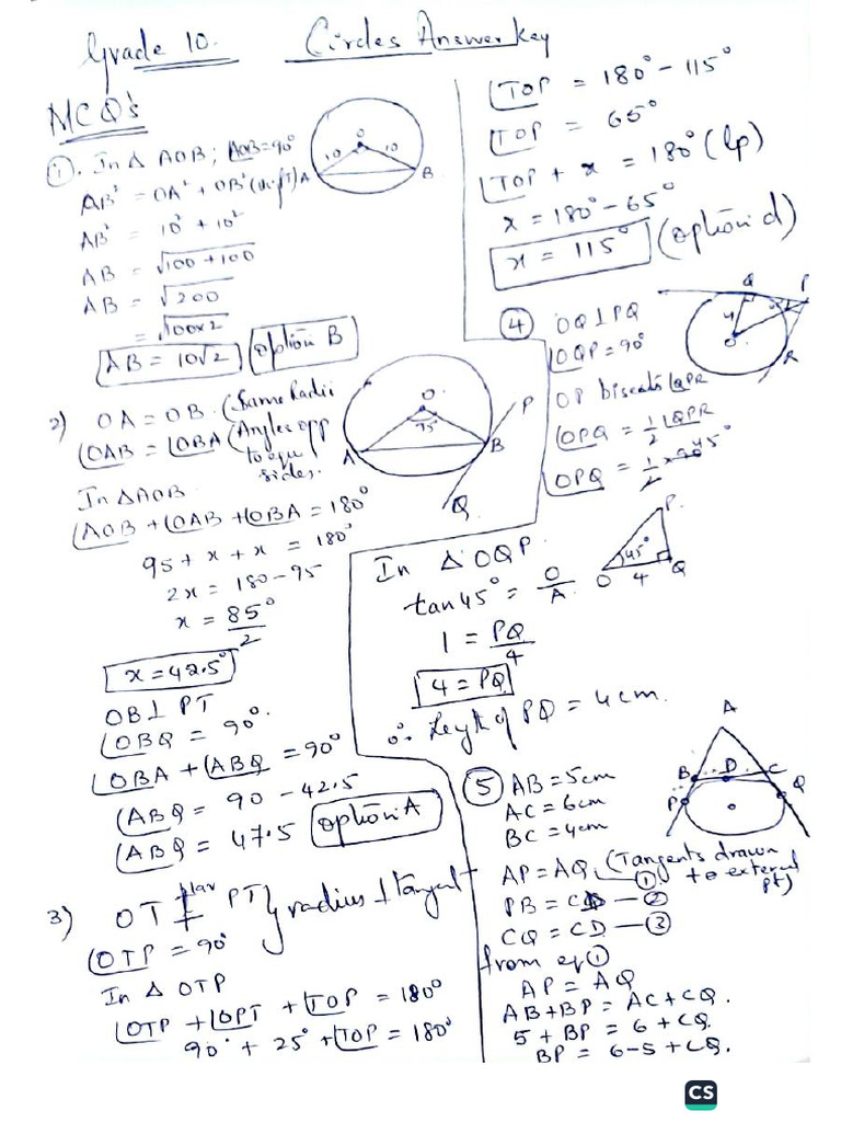 Grade 10 Circles Answer Key (Worksheet) (1) | PDF