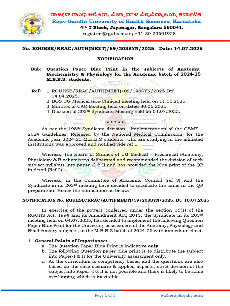 RGUHS Question Paper Blue Print July 25 | PDF | Metabolism | Proteins