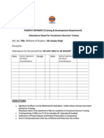 PANIPAT REFINERY (Training & Development Department) Attendance Sheet For Vocational /summer Trainee