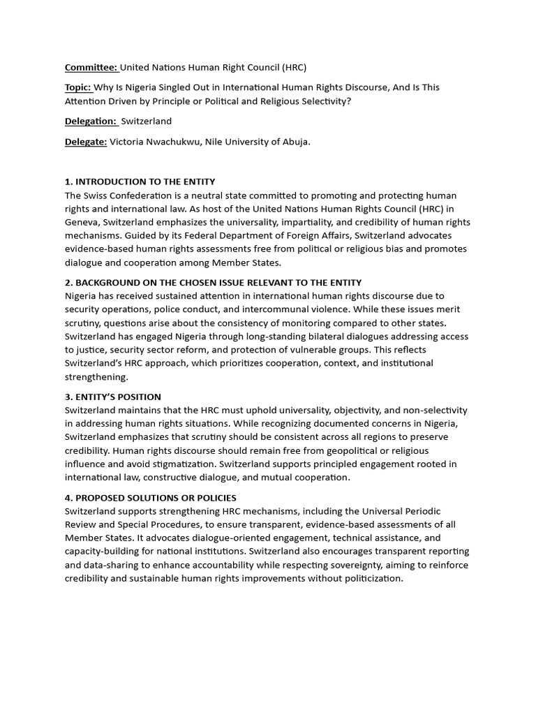 Switzerland Position Paper | PDF | Human Rights | Switzerland