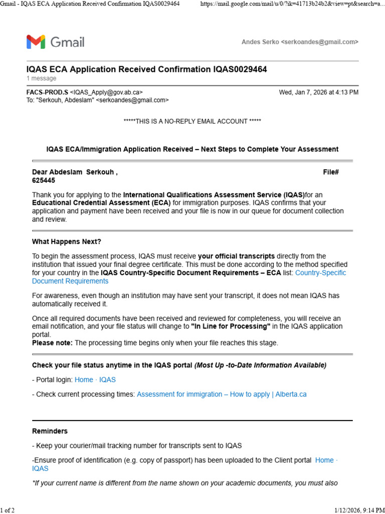 Gmail - IQAS ECA Application Received Confirmation IQAS0029464 | PDF ...