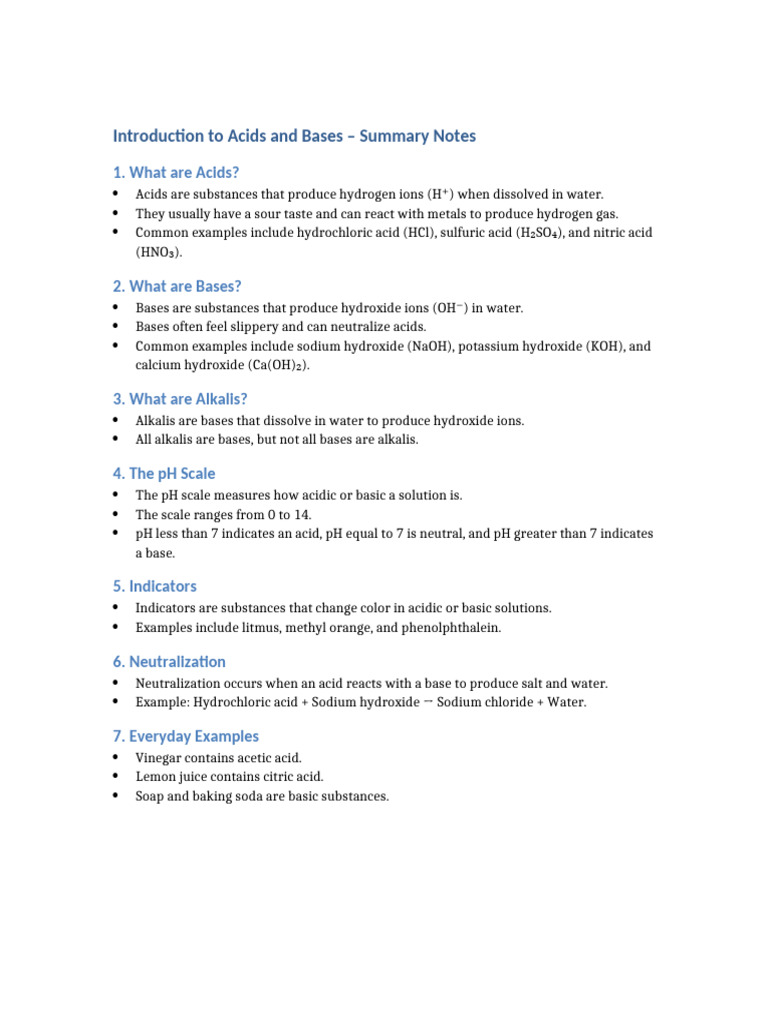 Introduction Acids Bases Summary Notes | PDF