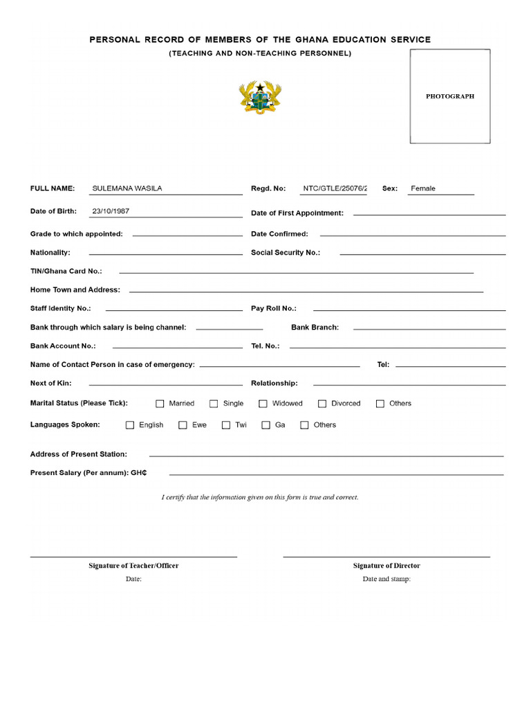 Personal Record Form of Sulemana Wasila (1) | PDF