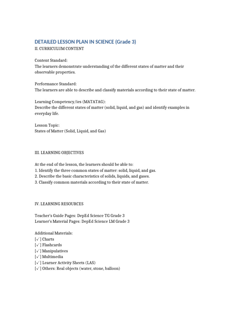 Detailed Lesson Plan States of Matter | PDF | Gases | Liquids
