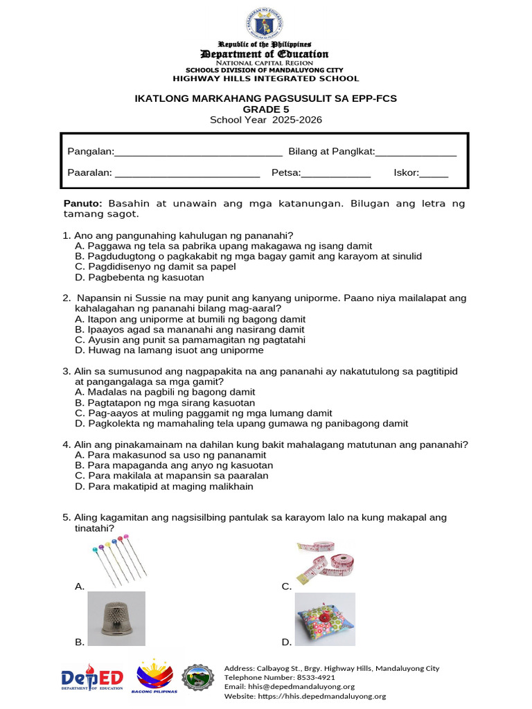 2025 2026 Exam Grade 5 Epp 3rd Quarter Matatag | PDF