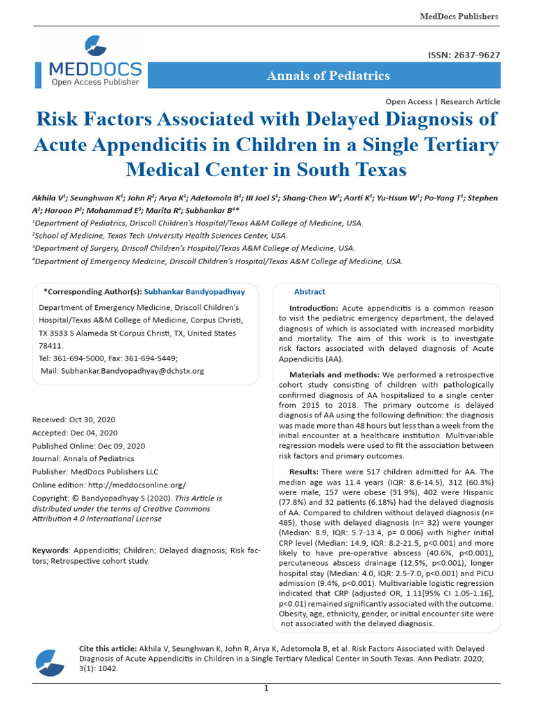 Risk Factors Associated With Delayed Diagnosis of Acute Appendicitis in ...