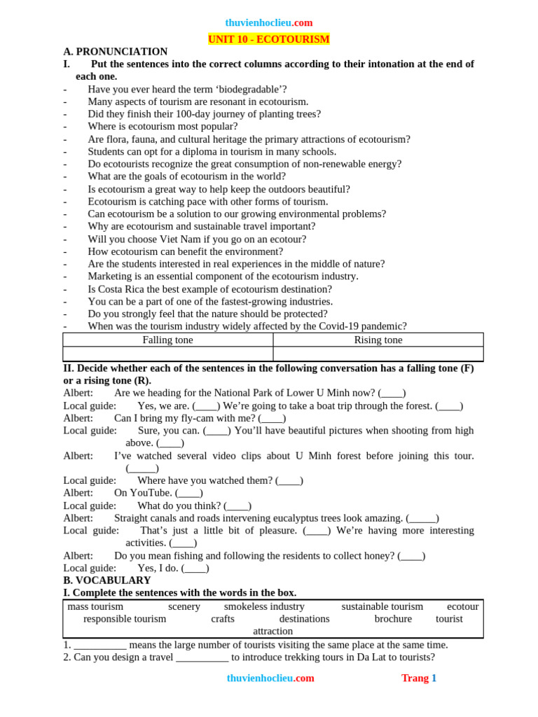 Bai Tap Lam Them Tieng Anh 10 Global Unit 10 | PDF | Tourism | Natural ...