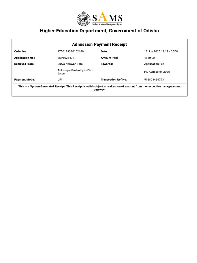 Sams-Pg - Admission Payment Receipt | PDF