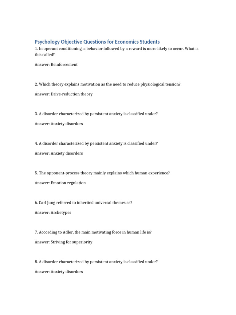 Psychology Objective Questions | PDF | Self Actualization | Motivational