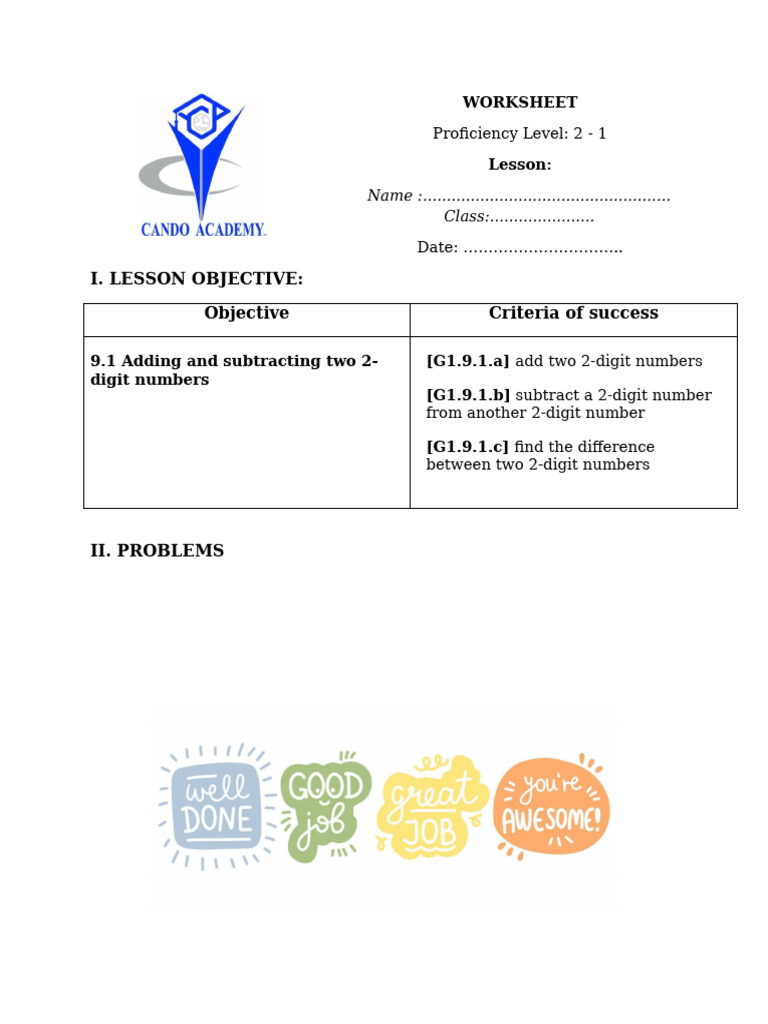 I. Lesson Objective: Objective Criteria of Success: Worksheet | PDF