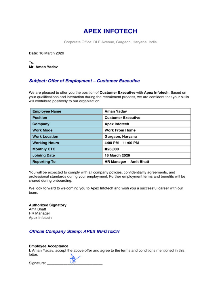 Apex Infotech Color Offer Letter Aman Yadav | PDF
