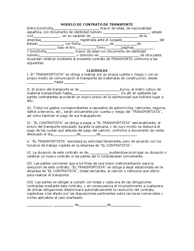 Modelo de Contrato de Transporte
