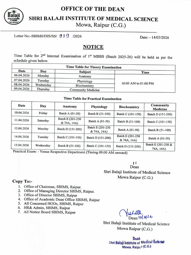 MBBS Batch 2025 - 2nd Internal Examination Schedule | PDF
