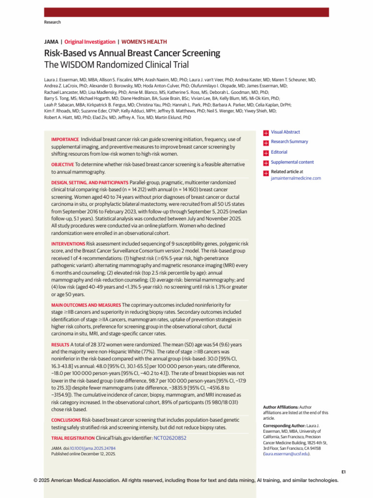 Risk Based vs Annual Breast Cancer Screening | PDF | Mammography ...