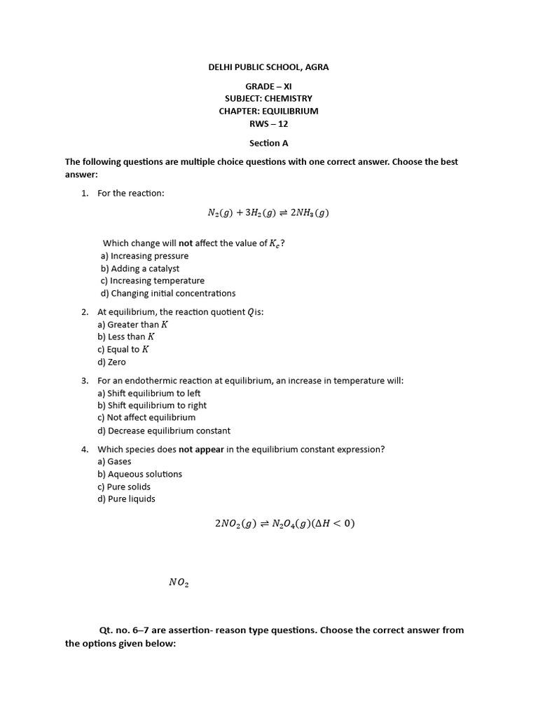 Ws 12 Equilibrium | PDF | Chemical Equilibrium | Branches Of Thermodynamics