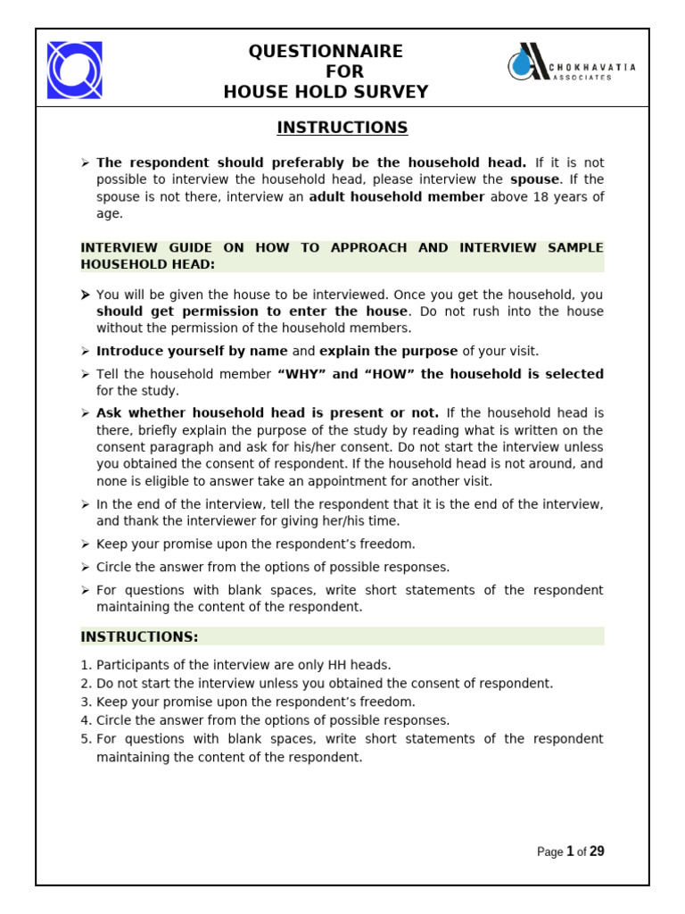 Questionnaire For HH Survey - Main | PDF | Survey Methodology | Toilet