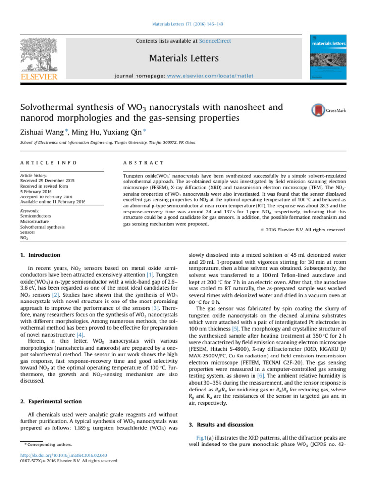 Solvothermal Synthesis of WO3 Nanocrystals With Nanosheet and | PDF ...
