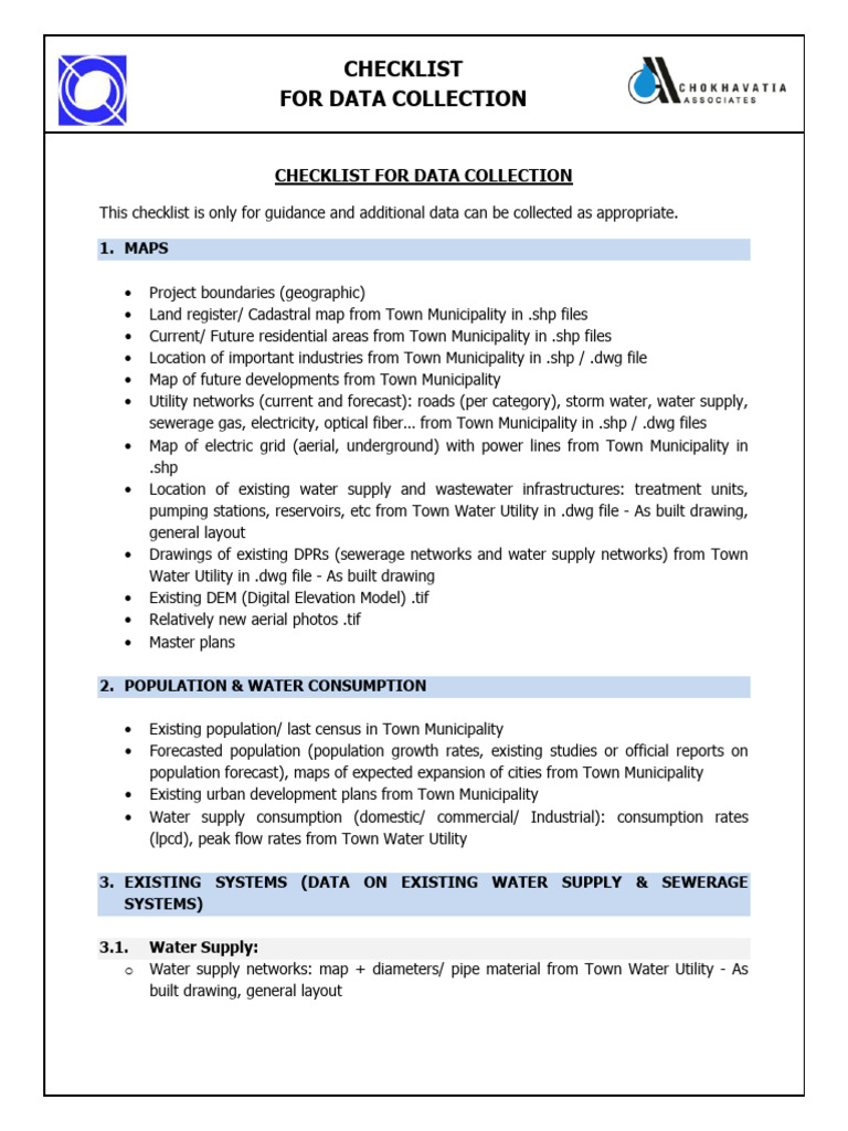 Checklist For Data Collection | PDF | Sewage Treatment | Sanitation