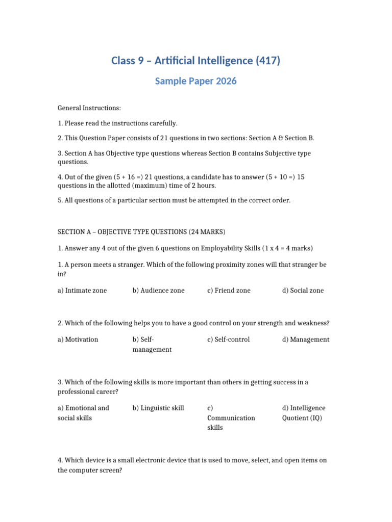 Class 9 AI Complete Sample Paper 2026 | PDF | Artificial Intelligence ...