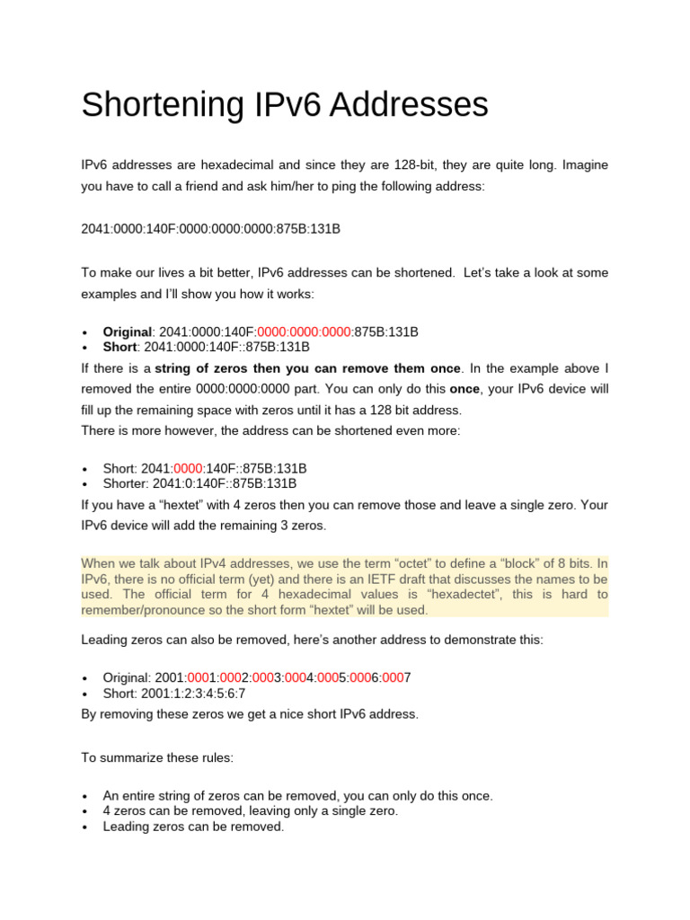 Shortening IPv6 Addresses | PDF