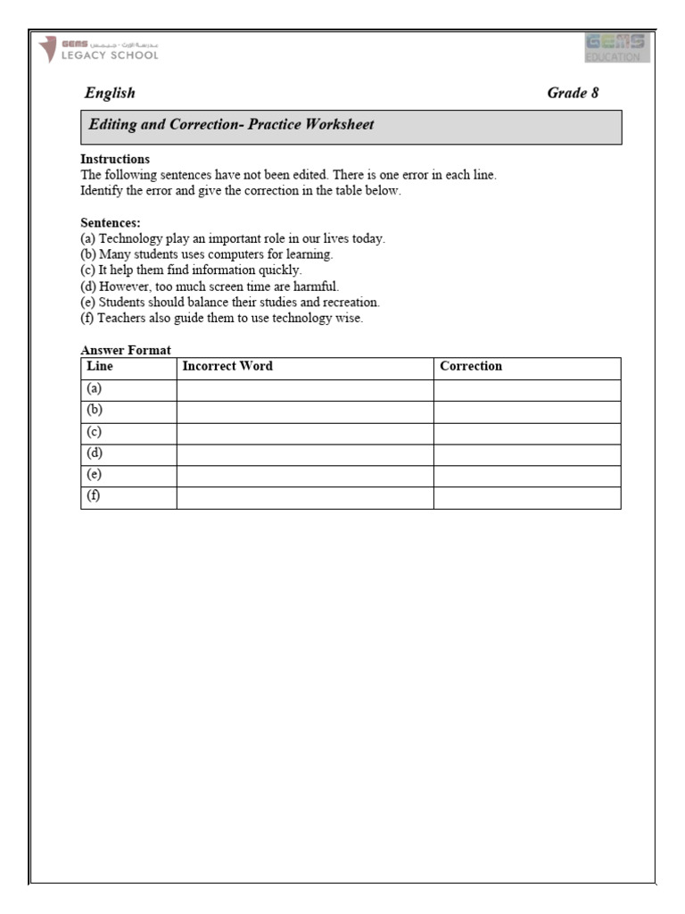 Editing and Correction -Practice Worksheet | PDF
