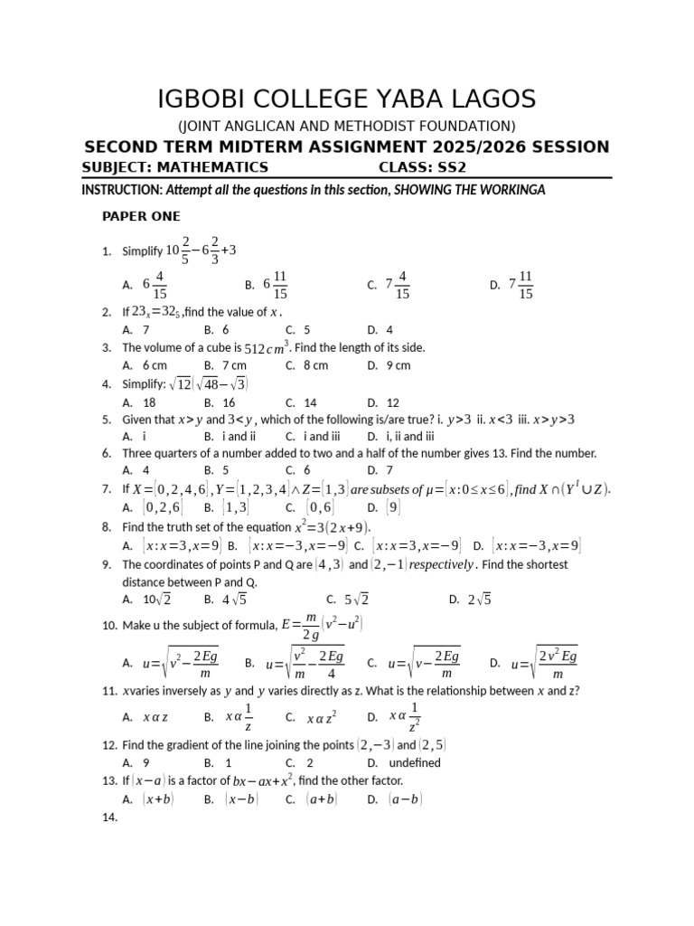 Ss2 Maths Midterm Assignment-1 | PDF | Area | Circle