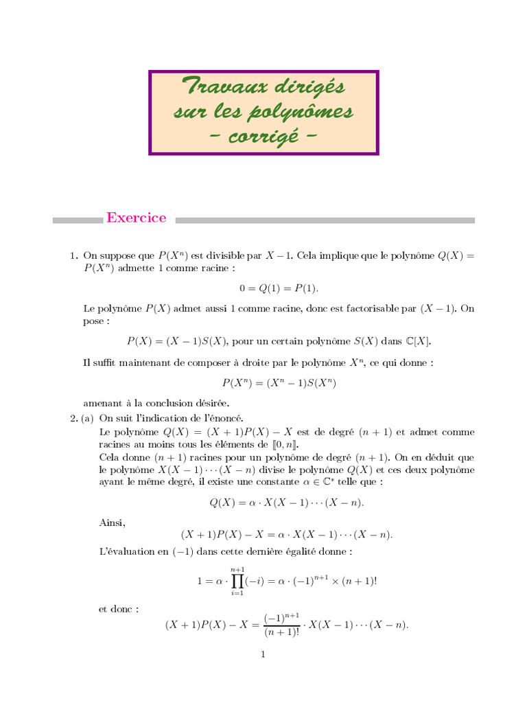 TD Polynomes Cor | PDF | Zéro d'une fonction | Polynôme