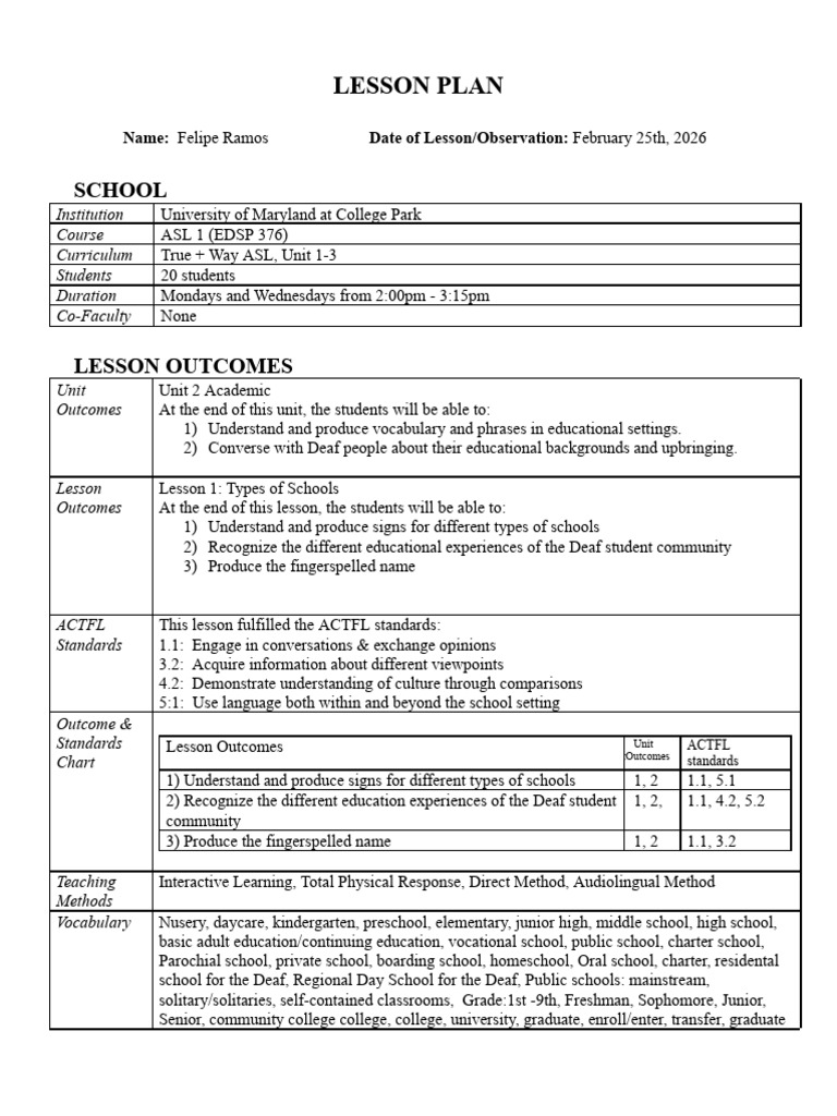 UMD_Lesson Plan | PDF | American Sign Language | Human Communication