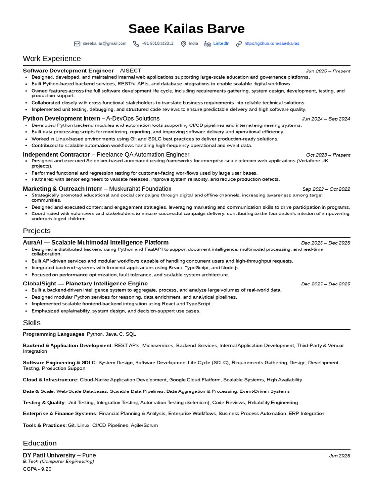 Saee Kailas Barve Resume | PDF | Software Development | Cloud Computing