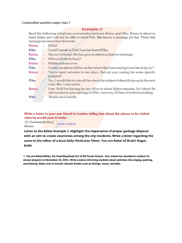 Composition Question Paper Class 7 | PDF