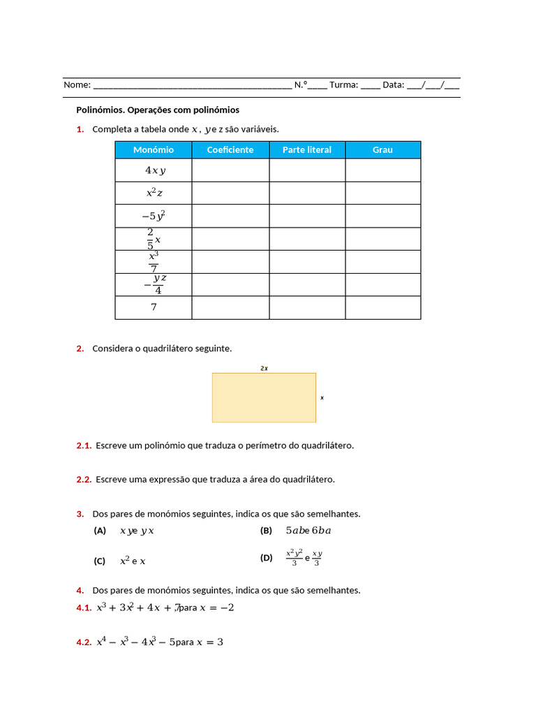 Ficha Formativa Matematica 8 Ano Monomios e Polinomios | PDF