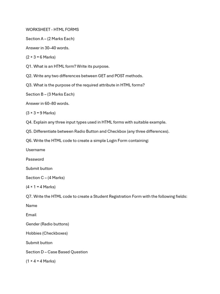 7th HTML Forms Worksheet | PDF