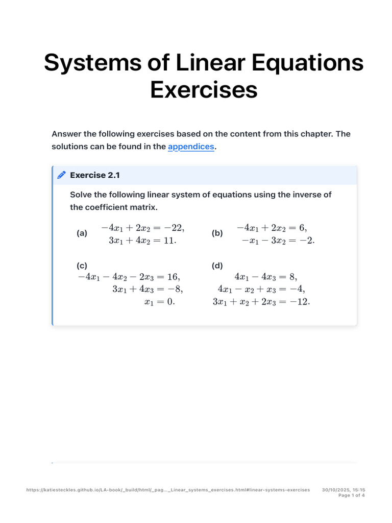 2.9. Systems of Linear Equations Exercises - Linear Algebra | PDF ...