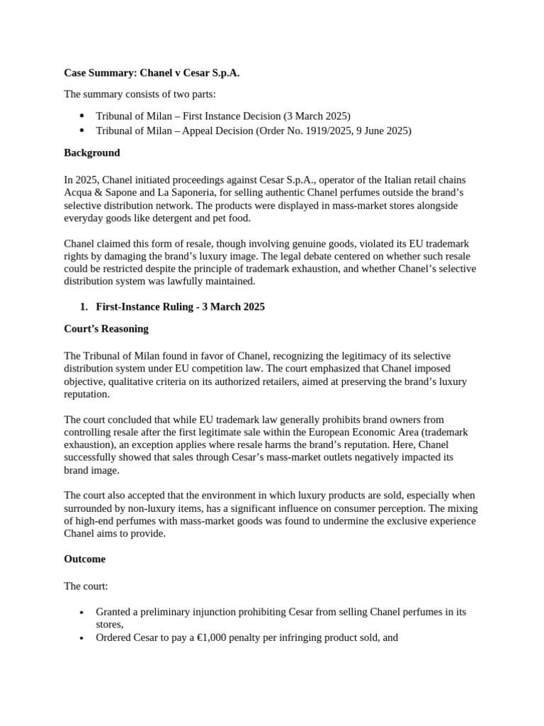 Chanel Case Summary | PDF | Brand | Trademark