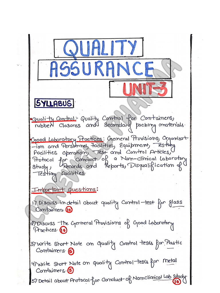 Unit 3, Pharmaceutical Quality Assurance, B Pharmacy 6th Sem, Carewell ...