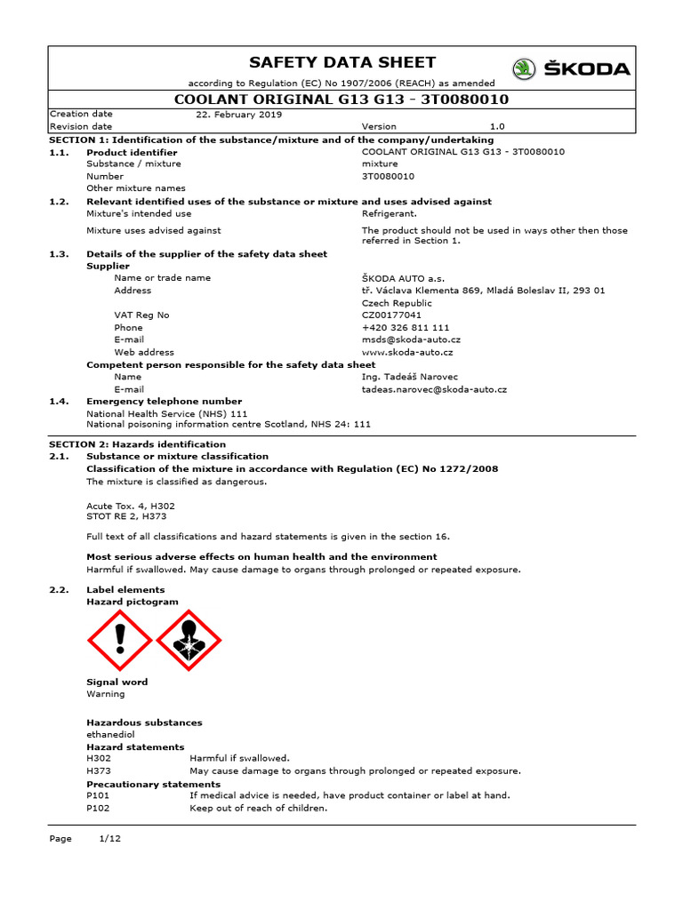 MSDS Coolant Original G13 G13 - 3T0080010 | PDF | Dangerous Goods ...