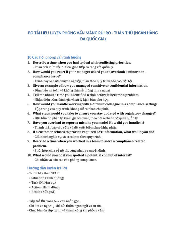 Risk Compliance Interview Practice | PDF