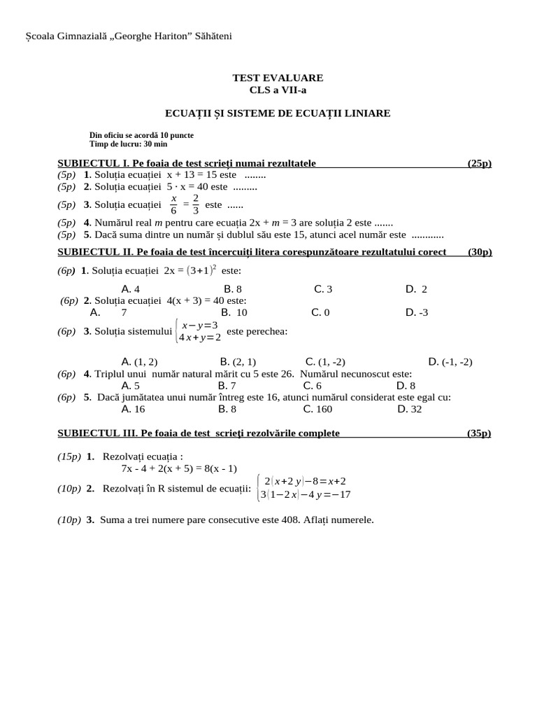 Test Evaluare Ecuatii Si Sisteme 7 | PDF