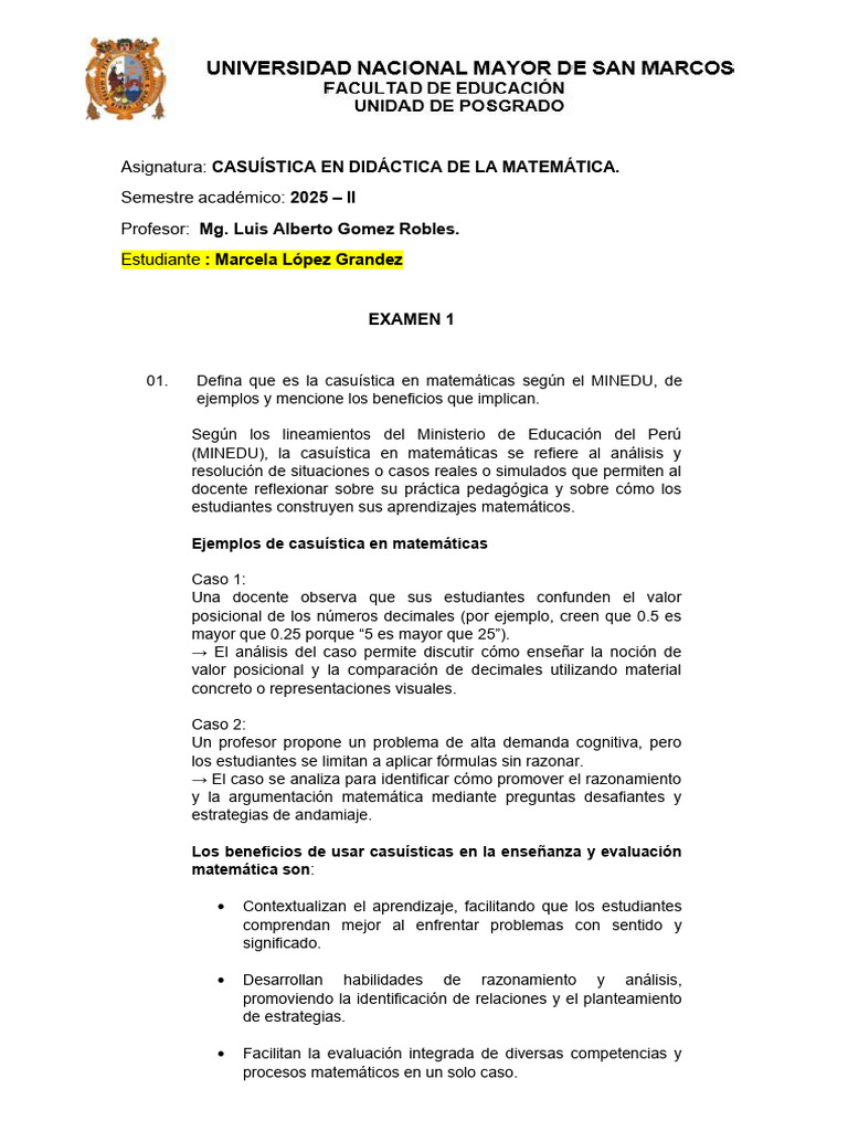 Examen 1 de Casuistica en Didactica de La Matematica | PDF | Evaluación ...