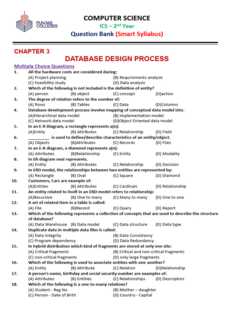 2nd Year Computer Chapter 3 Database Design Process QB | PDF ...