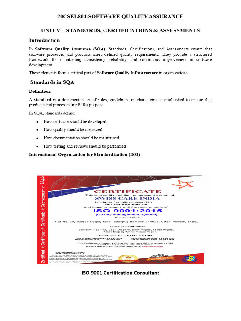 Unit V - Standards, Certifications & Assessments | PDF | Quality ...