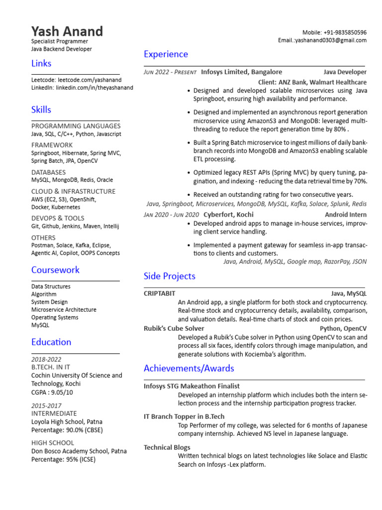Yash Anand Resume | PDF | Java (Programming Language) | My Sql