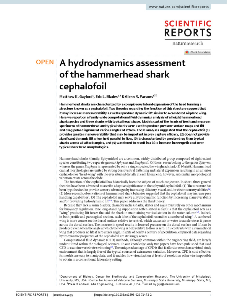 A Hydrodynamics Assessment of the Hammerhead Shark Cephalofoil | PDF ...
