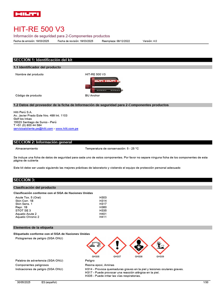 Adhesivo Inyecc Hit-Re-500 v3 | PDF | Agua | Primeros auxilios