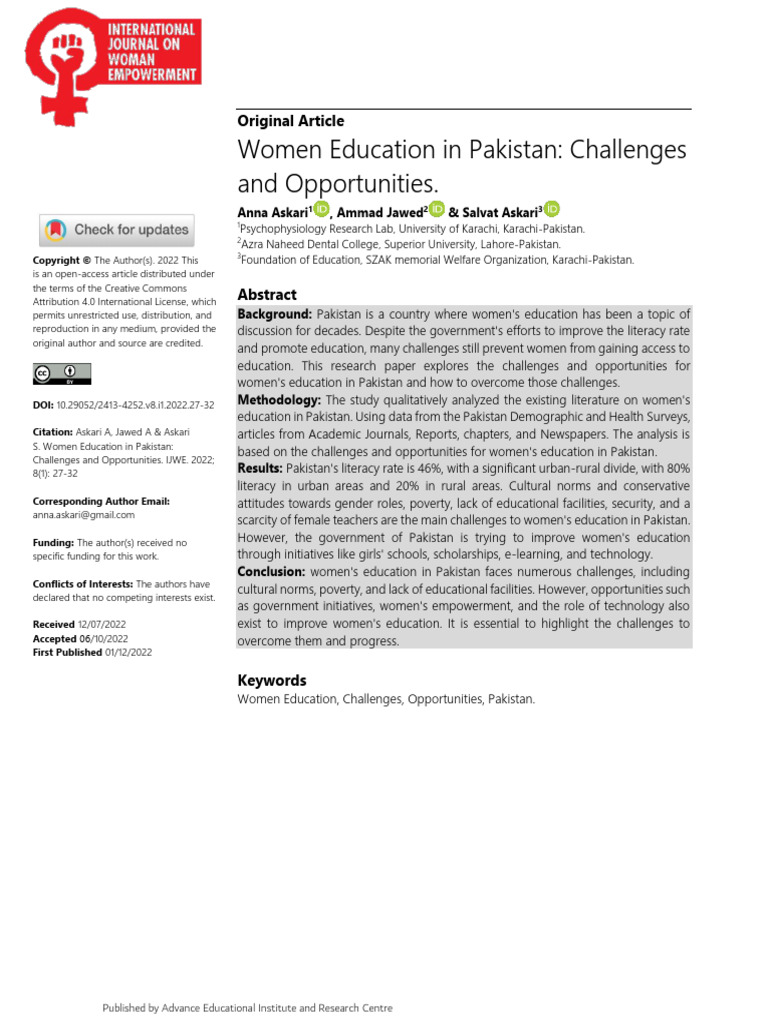 Women Education in Pakistan: Challenges and Opportunities | PDF ...