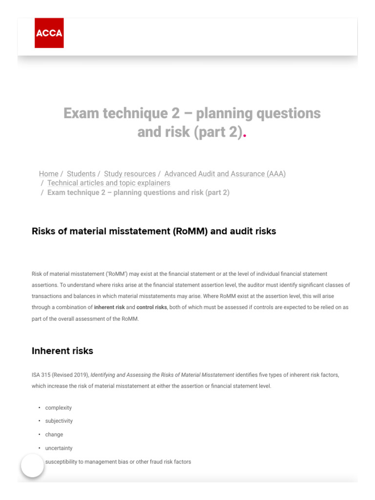 Exam Technique 2 - Planning Questions and Risk (Part 2) - ACCA Global ...