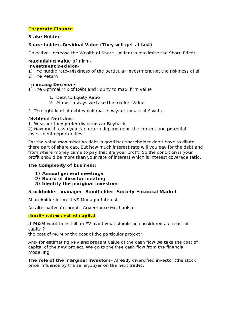 Corporate Finance Notes | PDF | Leverage (Finance) | Equity (Finance)