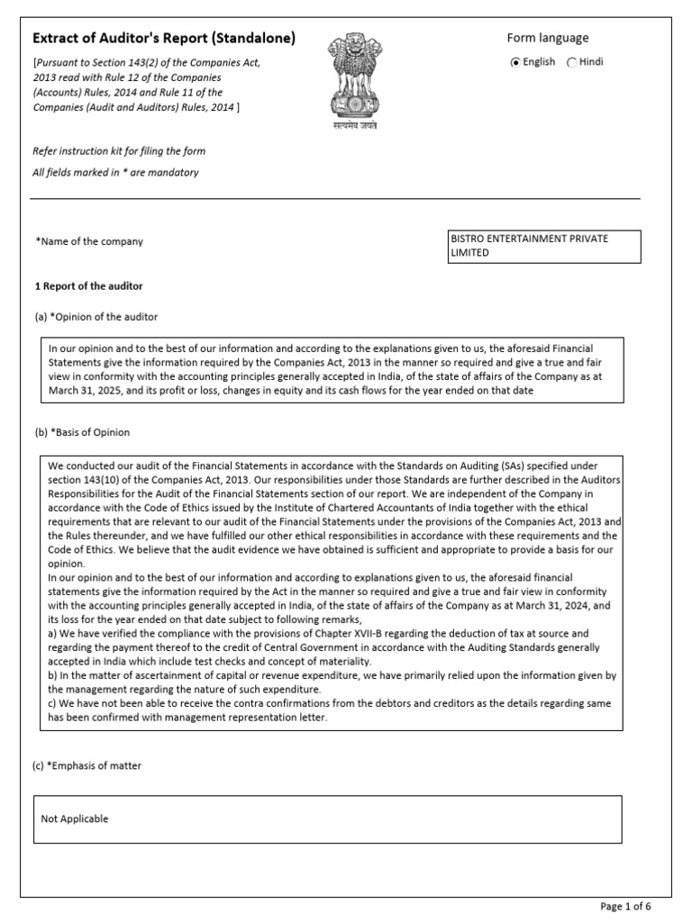 Extract of Auditor's Report (Standalone) | PDF | Audit | Going Concern