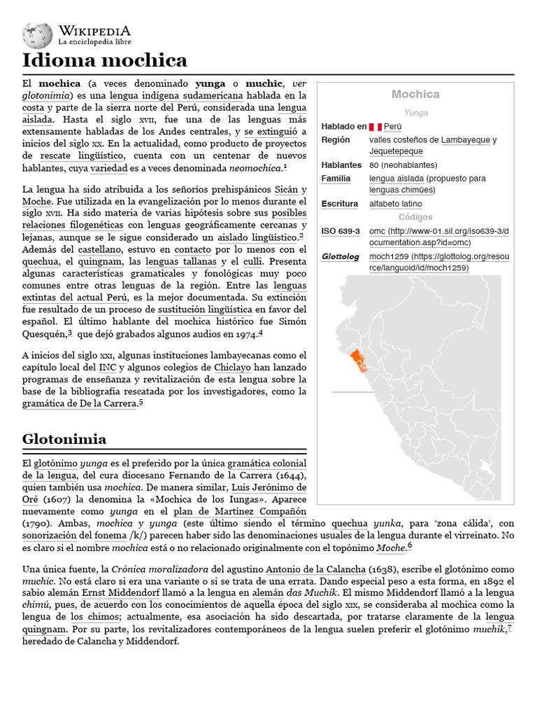 Idioma Mochica (Wikipedia) | PDF | Lingüística | Idiomas
