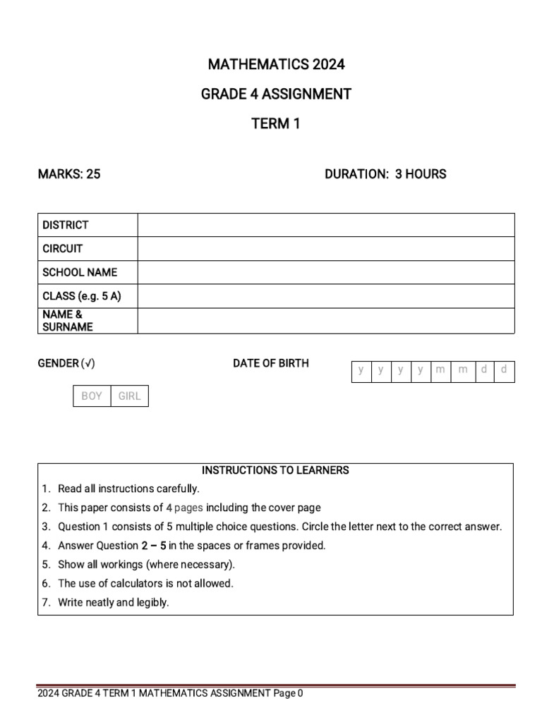 Grade 4 Mathematics Assignment Term 1 2024 | PDF | Mathematics